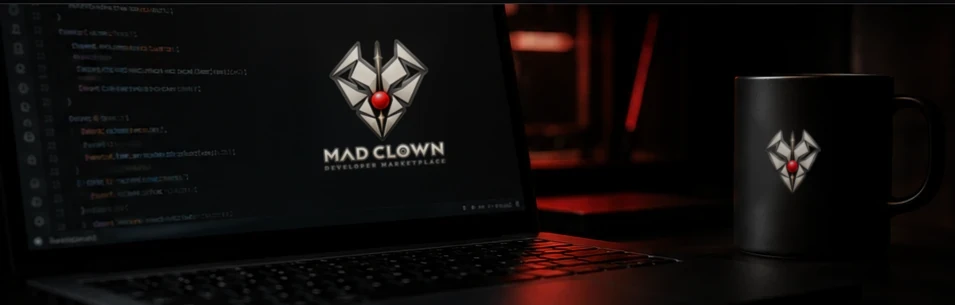 MadClown branding on a developer laptop beside a black mug